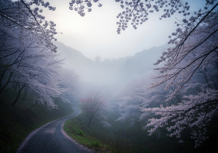 Winding path through a misty valley filled with white and pink cherry blossoms. a traditional pagoda is visible in the distance, evoking a serene spring landscape.の素材