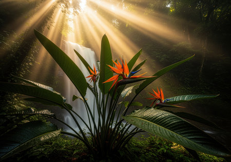 Vibrant bird of paradise plant with orange and blue blooms, set against a majestic waterfall. golden sun rays pierce through the lush tropical jungle canopy, creating a dramatic and serene natural scene.の素材