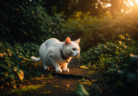 White cat with a bell collar crouching on a garden path, illuminated by warm golden hour sunlight. lush green foliage surrounds the alert feline, creating a dramatic and serene outdoor scene.の素材