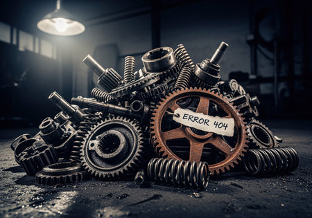 Pile of rusted metallic gears, springs, and various mechanical components on a dark, gritty surface, with a tag displaying ERROR 404 attached to a prominent gear. represents system malfunction, breakdown, or technical issue.の素材