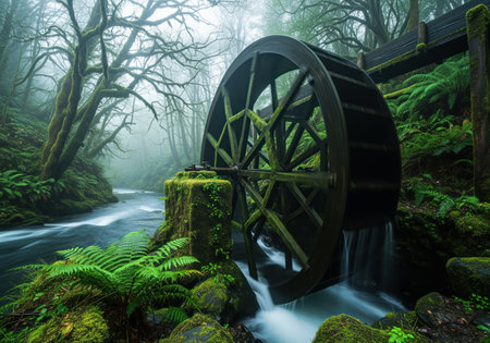 Large moss covered wooden mill wheel actively turning in a vibrant, misty forest. a river flows past, surrounded by lush ferns and ancient trees, evoking a sense of nature and history.の素材