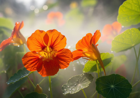 Orange nasturtium flowers with glistening dew drops on petals and leaves, bathed in soft morning light and ethereal mist, creating a fresh garden scene.の素材