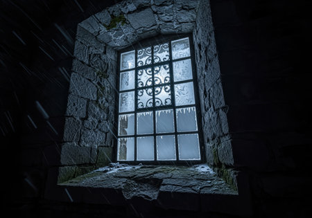 Fortified stone window with intricate ironwork and frosted panes, adorned with icicles. snow falls outside, creating a dramatic, cold, and mysterious winter scene.の素材