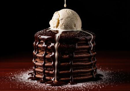 Stack of rich chocolate pancakes topped with a scoop of vanilla ice cream, drizzled with glossy dark chocolate ganache, and sprinkled with powdered sugar on a dark background.の素材