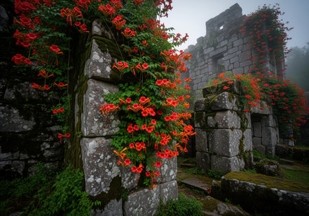 Brilliant scarlet trumpet vines cover monumental ancient stone ruins, creating an overgrown, mysterious, and atmospheric scene in a misty environment.の素材