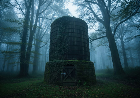 Weathered wooden silo covered in green ivy stands in a dense, misty forest clearing. tall trees and thick fog create a tranquil, mysterious environment.の素材