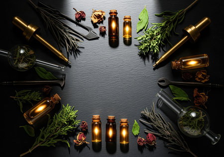 Alchemical tools, herbal ingredients, and essential oil bottles arranged in a circle on a dark slate surface. dramatic lighting highlights the ancient looking apparatus, dried herbs, and golden liquids, evoking a sense of mystery and natural remedies.の素材