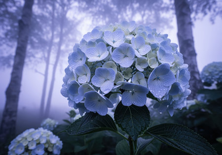 Close up of a vibrant pale blue hydrangea flower covered in dew drops, set against a blurred, misty forest background with tall trees. serene and ethereal nature scene.の素材