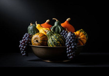 Assortment of colorful autumn gourds, small pumpkins, and dark grapes arranged in a rustic bowl, dramatically lit against a deep black background, evoking a classic still life.の素材