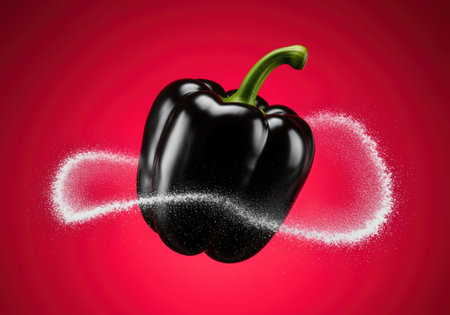 Glossy black bell pepper with a green stem, surrounded by a dynamic swirl of white powder against a vibrant red backdrop. modern food concept.の素材