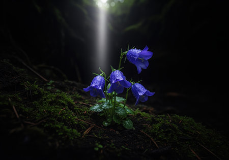 Deep indigo bellflowers covered in water droplets emerge from lush green moss in a dark, mysterious forest. a dramatic beam of light illuminates the delicate blossoms, creating a serene and enchanting natural scene.の素材