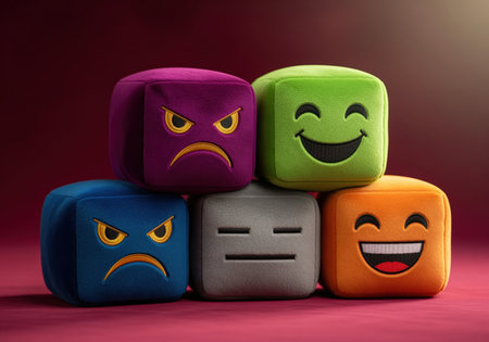 Plush velvet cubes in vibrant colors, stacked in a pyramid, each displaying a different emotion from happy to angry, representing a mood scale.の素材