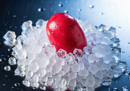 Bright red potato placed on a mound of crushed ice, surrounded by water droplets on a reflective surface, emphasizing freshness and coolness.の素材
