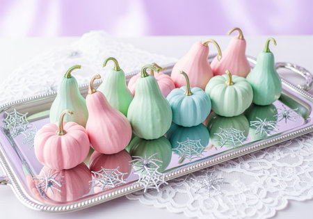 Miniature pastel pink, mint green, and pale blue pumpkins and gourds arranged on a silver tray with decorative spiderwebs, creating a whimsical autumn or halloween display.の素材