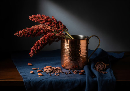 Hammered copper mug holds dried red sorghum stalks, surrounded by cocoa beans and nibs on a dark blue linen cloth. dramatic lighting highlights rustic elegance and natural ingredients.の素材