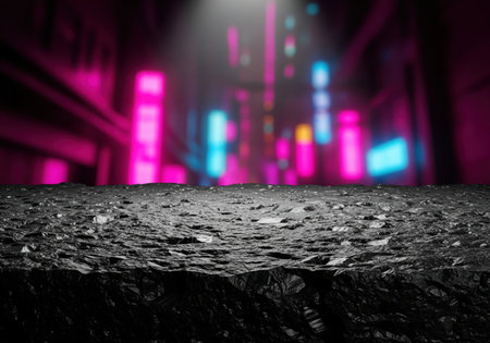 Textured dark rock surface, resembling volcanic basalt, with a rough matte finish. blurred neon lights of a futuristic city illuminate the background, creating a dramatic cyberpunk atmosphere.の素材