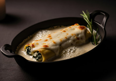Single gourmet cannelloni tube filled with spinach and ricotta, baked in a creamy white sauce with melted cheese, garnished with fresh rosemary in a black serving dish. delicious italian pasta dish.の素材