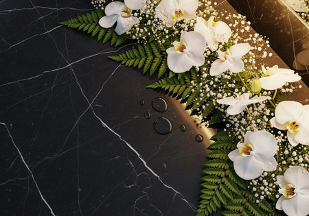 Elegant white orchids, lush green fern, and tiny baby breath flowers adorn a luxurious black marble background with water drops, offering ample copy space.の素材