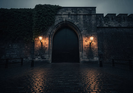 Massive arched iron studded medieval gate embedded in a towering dark stone wall, illuminated by two warm lanterns. wet cobblestone ground reflects the light, creating a mysterious and ancient atmosphere.の素材