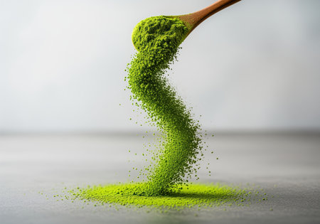 Bright green matcha powder actively pouring from a small wooden spoon, captured mid air. dynamic flow of healthy antioxidant tea ingredient.の素材