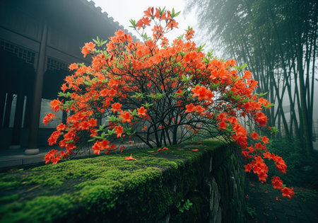 Vibrant orange azalea flowers bloom profusely on a moss covered stone wall. a misty bamboo forest and traditional building create a serene, atmospheric garden scene.の素材