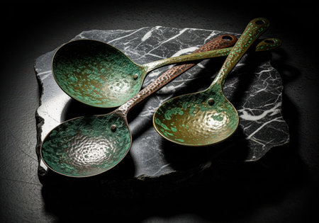Hammered copper cooking spoons, heavily patinated with verdigris green and bronze tones, arranged on a dark marble surface. rustic kitchenware still life.の素材