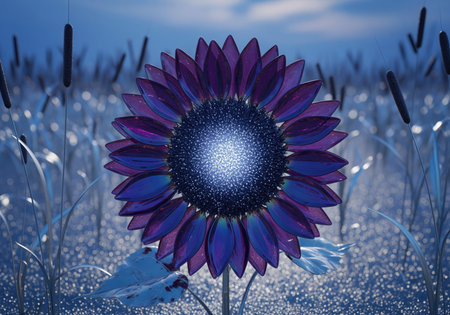 Iridescent purple glass sunflower with a bright glowing center, standing tall in a mystical field of cattails and shimmering light at twilight.の素材
