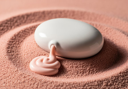Smooth white ceramic dispenser bottle, shaped like a pebble, releasing a swirl of pink cream onto a bed of fine peach colored sand with circular patterns. focus on beauty, skincare, and cosmetic product display.の素材
