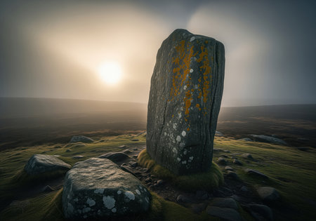 Weathered granite slab stands on a desolate, foggy moorland landscape. sun rays pierce through the mist, highlighting the lichen covered megalith.の素材