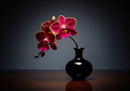 Elegant fuchsia orchid with yellow accents displayed in a sleek black vase. dramatic studio lighting highlights the vibrant petals and reflective dark wooden surface, creating a sophisticated and luxurious still life.の素材