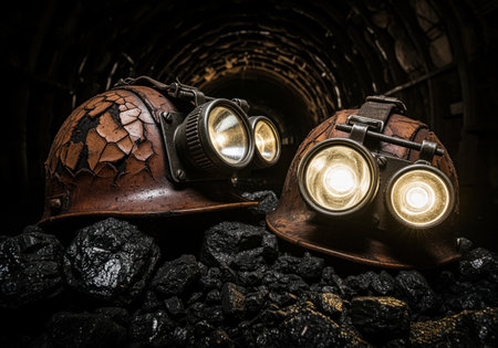 Two vintage mining helmets with bright headlamps rest on a pile of black coal, illuminated against the dark backdrop of a mine tunnel. represents hard work, industry, and energy.の素材