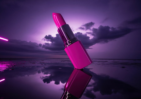 Vibrant magenta lipstick tube standing diagonally on a reflective wet surface, mirroring a dramatic purple and pink cloudy sky. neon light streaks illuminate the scene.の素材