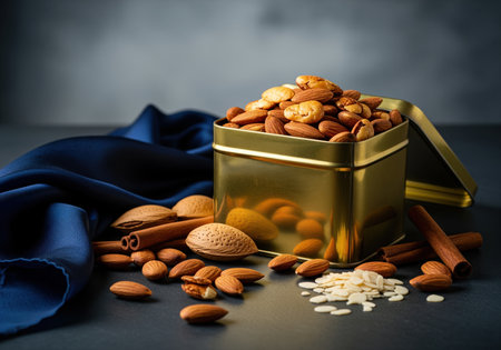 Roasted almonds overflowing from a golden brass tin, accompanied by whole almonds, cinnamon sticks, and a luxurious blue silk cloth on a dark surface.の素材