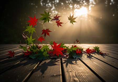 Vibrant red and green maple leaves swirl and rest on a dark wooden surface, illuminated by warm golden sun rays filtering through a hazy forest background. autumn season concept.の素材