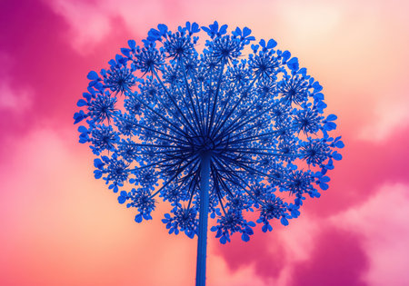 Striking electric blue queen anne lace flower in full bloom, viewed from below against a soft, gradient sky of pink and orange hues. a vibrant and surreal botanical display.の素材