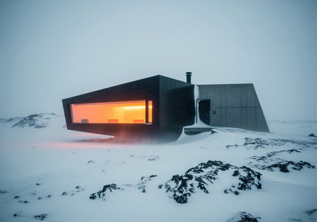 Modern angular black house with warm glowing windows stands in a desolate, snow covered landscape. architectural design for extreme winter conditions, offering isolated luxury and shelter.の素材