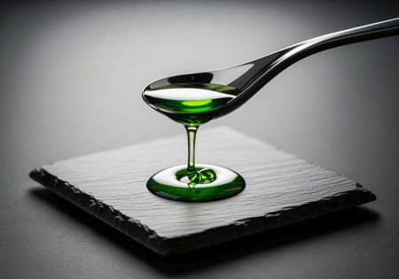 Polished silver spoon elegantly dripping vibrant emerald green liquid onto a textured dark slate. the viscous fluid forms a shimmering puddle, highlighting precision and richness.の素材