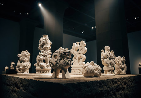 Intricately carved bisque fired porcelain sculptures resembling ancient mythological figures displayed on a rough stone pedestal in a dimly lit museum exhibit.の素材