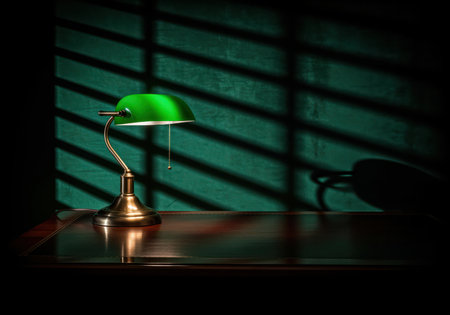 Vintage green banker lamp on a polished dark wooden desk, casting focused light. dramatic window blind shadows stretch across the textured green wall.の素材