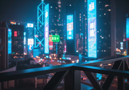 Vibrant futuristic city skyline at night, illuminated by glowing neon lights and bokeh from a high vantage point. a sleek dark railing frames the dynamic urban landscape.の素材