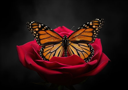 Vibrant monarch butterfly with orange and black wings resting delicately on a deep crimson red rose, isolated against a dark, dramatic background, symbolizing beauty and nature.の素材