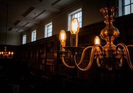 Ornate brass chandelier with glowing edison bulbs, casting warm light in a classic library interior. dark wooden bookshelves line the walls, illuminated by ambient light from windows.の素材