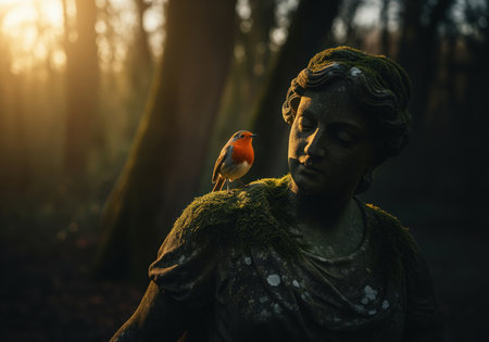 European robin perched on a moss covered female statue in a dark, ancient forest, bathed in warm golden light, symbolizing nature resilience and mystery.の素材