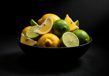 Bright yellow lemons and vibrant green limes, whole and sliced, arranged in a dark black bowl against a dramatic low key background. fresh citrus fruit for healthy eating and cooking.の素材