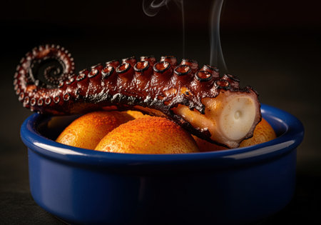 Charred octopus tentacle with visible smoke, served over golden potatoes seasoned with paprika in a vibrant blue ceramic bowl, ready to eat.の素材