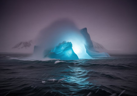 Glowing blue iceberg in a stormy arctic ocean with dark turbulent waves crashing under a misty sky. represents climate change and environmental impact.の素材