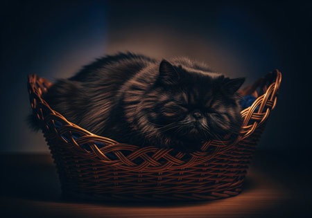 Fluffy black persian cat peacefully sleeping curled up inside a vintage brown wicker basket. cozy pet resting in a dark, dramatic setting.の素材