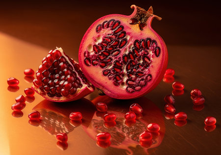 Halved pomegranate displaying its vibrant red arils and juicy flesh, accompanied by a quarter piece and scattered seeds on a reflective surface. emphasizes freshness, natural beauty, and healthy eating.の素材