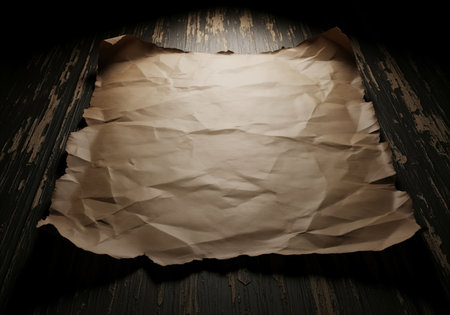 Crumpled aged parchment paper with torn and uneven edges, illuminated by a spotlight, resting on a dark, distressed wooden surface. evokes vintage, antique, and historical concepts.の素材