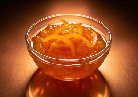 Vibrant orange marmalade with visible candied citrus peel in a transparent glass bowl, illuminated by warm light, creating a rich, appetizing glow. perfect for breakfast, dessert, or culinary themes.の素材